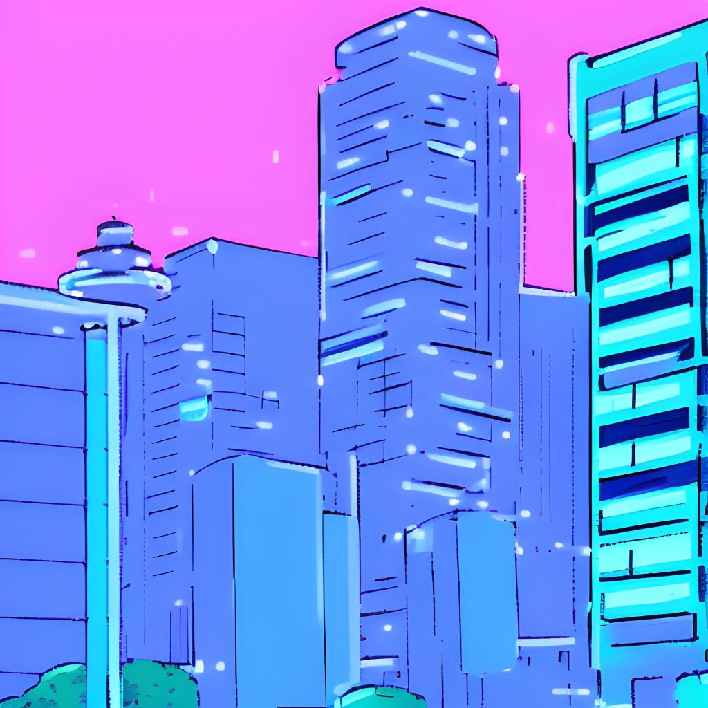 An anime-inspired illustration of the Orlando city skyline at night, with vibrant neon colors and twinkling lights.