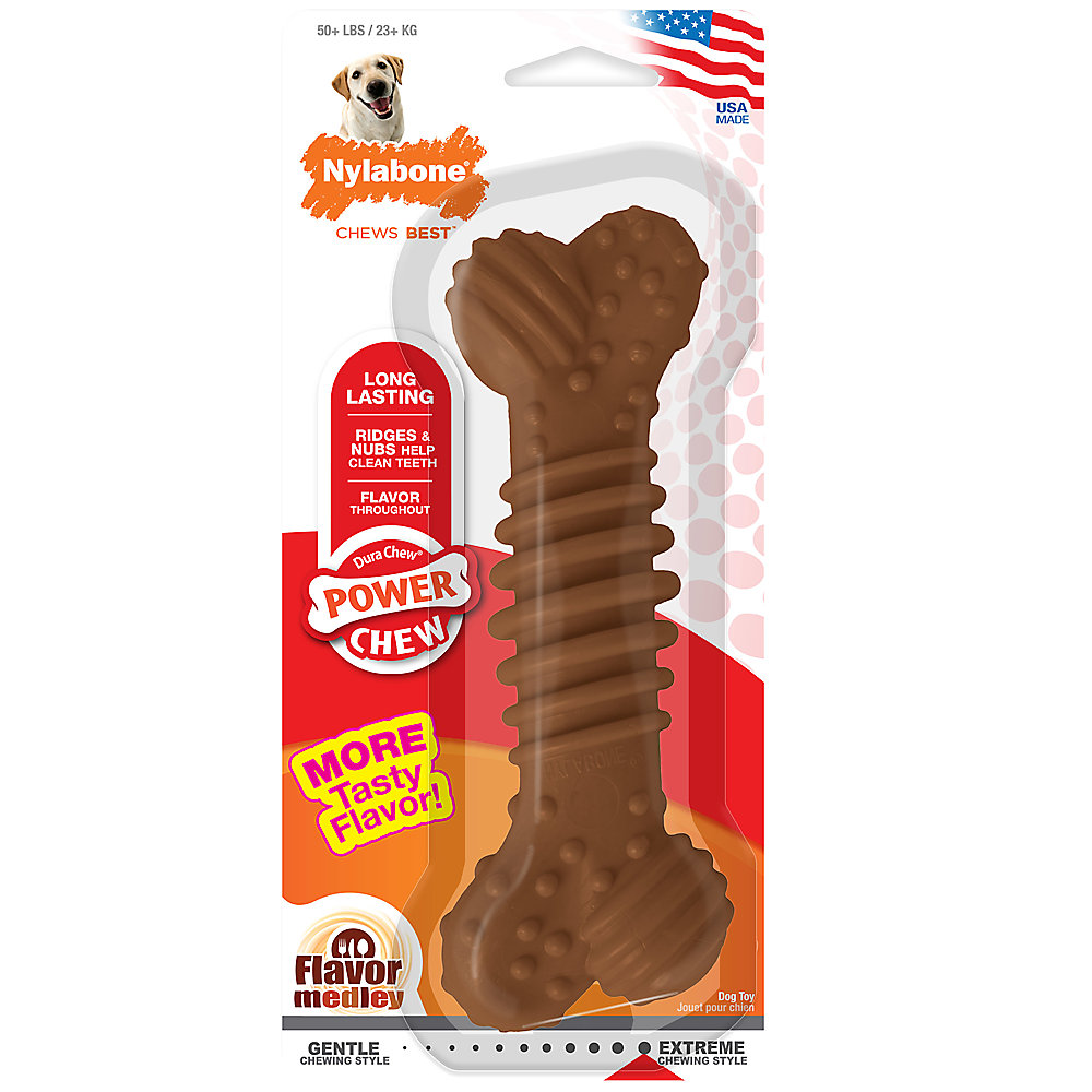 A brown dog toy bone made of durable nylon material with textured surface.